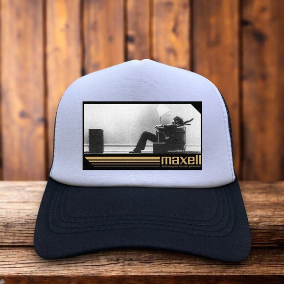 Maxell "Blown Away" Mens Trucker Hat Black Snapback Retro 80s Ad Baseball Cap - Picture 1 of 4